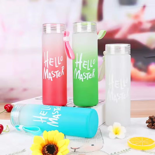 400ml Frosted Glass Water Bottle with 'Hello Master' Logo