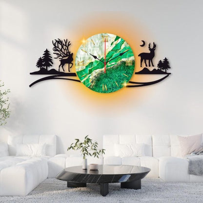 Deer in Forest and Mountain Scenic Wall Clock – Elegant Home and Office Décor